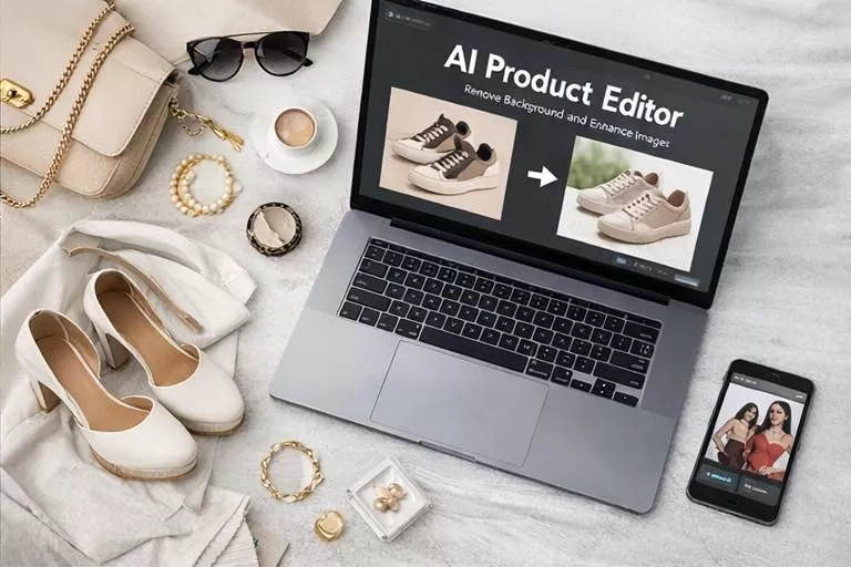 AI fashion studio photography with model and professional lighting
